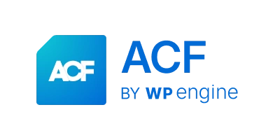 Logo of ACF by WP Engine, featuring "ACF" in white on a blue gradient square, with "ACF" and "BY WP Engine" in blue text to the right of the square.