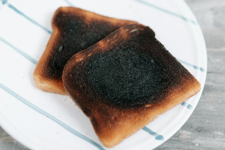 Two slices of burnt toast with blackened centers and brown edges sit on a white plate with blue stripes. The plate is on a light gray wooden surface.