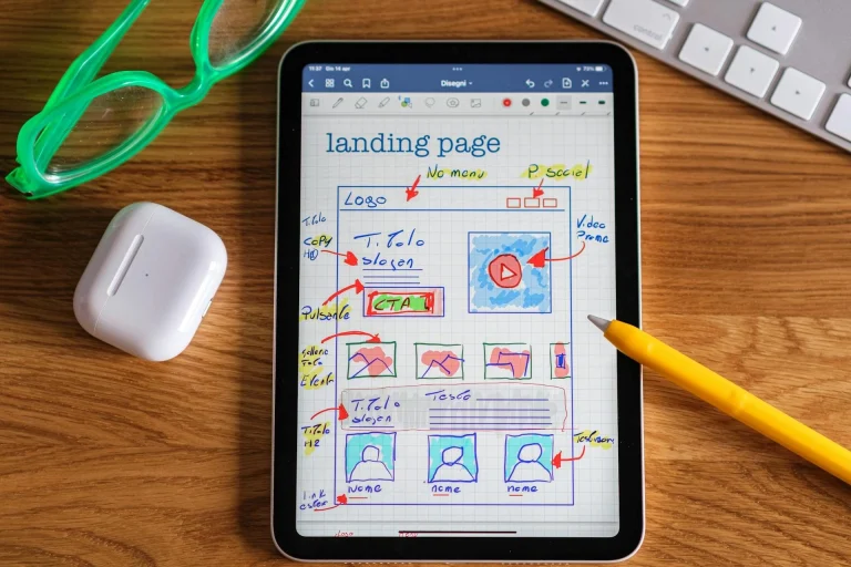 An iPad displays a colorful, hand-drawn landing page wireframe with notes and arrows. A yellow pen, green glasses, AirPods case, and part of a keyboard are nearby on a wooden desk.