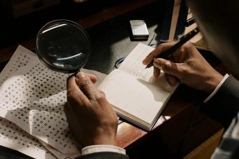 A person holds a magnifying glass over a sheet with symbols and writes notes in an open notebook on a desk, suggesting they are solving a code or puzzle.