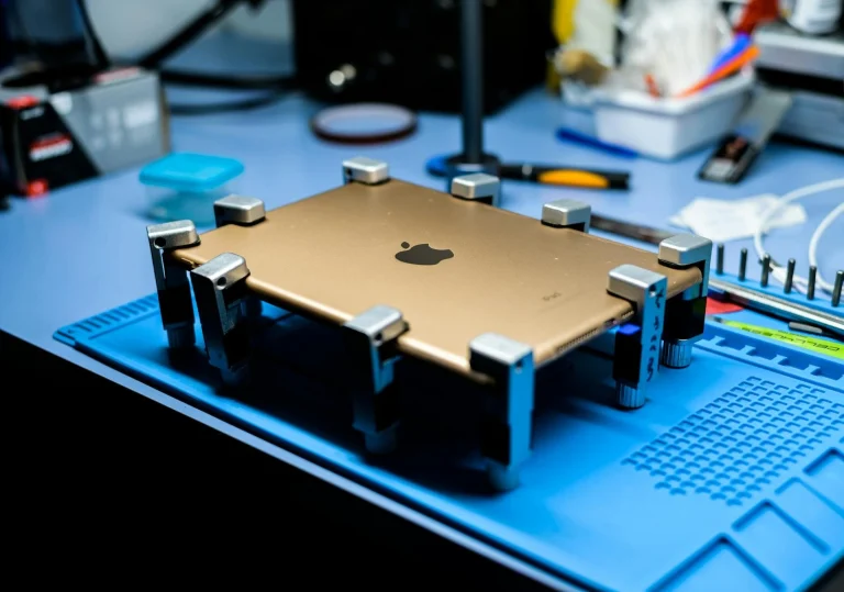 A gold Apple iPad is held securely in a metal clamp fixture on a blue workstation, with various electronic tools and components in the background.
