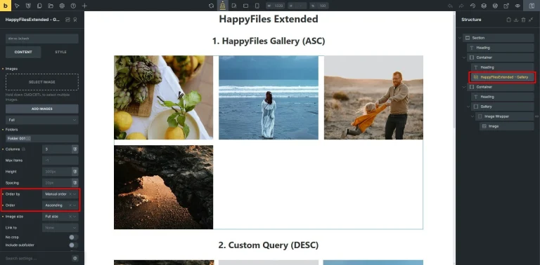 Screenshot of a web editor showing a 'HappyFiles Extended' gallery with four images: a fruit arrangement, a woman by the sea, a man with a child, and a cave. Editing and structure panels are visible on both sides.