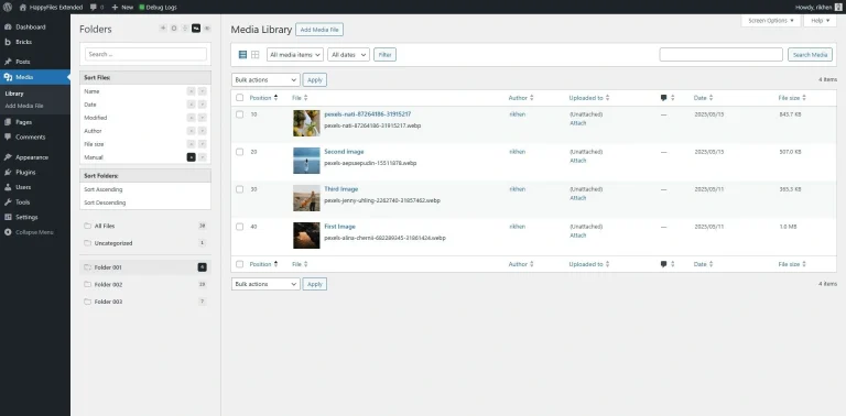 Screenshot of a WordPress Media Library page showing a list of uploaded images with titles, thumbnails, authors, upload dates, and options to edit or delete each file. The left sidebar displays menu and folder options.