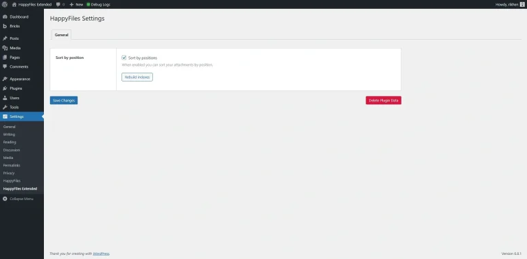 Screenshot of the HappyFiles Settings page in a WordPress dashboard. The main option shown is “Sort by position” with a checkbox, a “Rebuild indexes” button, and “Save Changes” and “Delete Plugin Data” buttons.