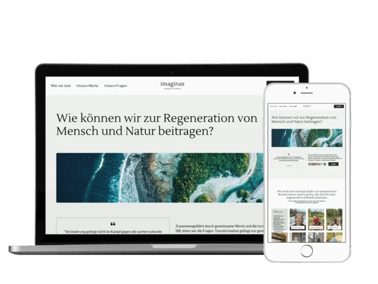 A laptop and smartphone display the same website with a coastal aerial image and German text asking, "Wie können wir zur Regeneration von Mensch und Natur beitragen?" Both screens show a clean, modern layout.