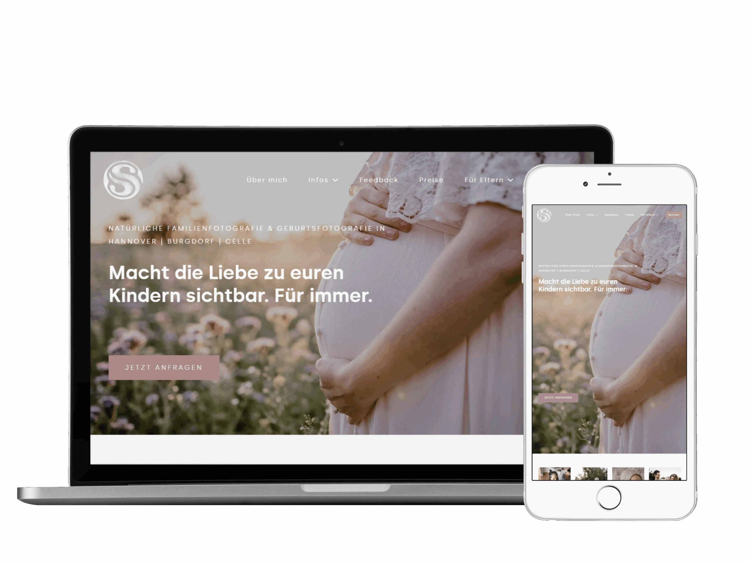 A laptop and smartphone display a website featuring a close-up photo of a pregnant woman’s belly being gently held, with German text about family and maternity photography services.