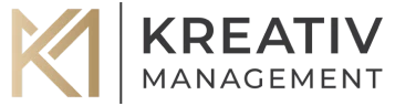 Logo for Kreativ Management. On the left, a stylized gold "K" design; to the right, the words "KREATIV MANAGEMENT" in uppercase black letters.