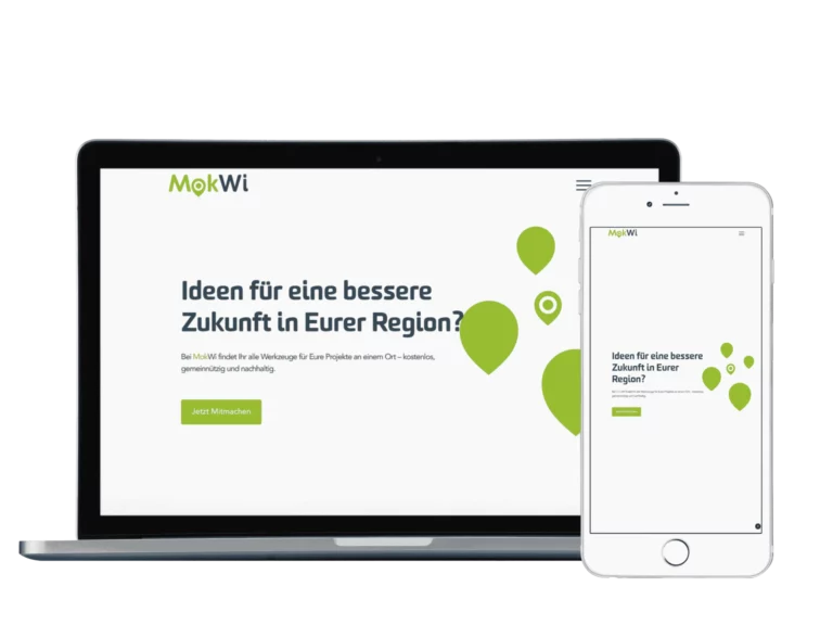 A laptop and a smartphone display the MokWi website, which features a white background with green accents and German text asking for ideas for a better future in your region.