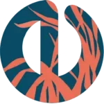 A stylized letter "O" with a cutout on the right side, featuring a dark teal background and abstract coral-orange leaf-like patterns across its surface.