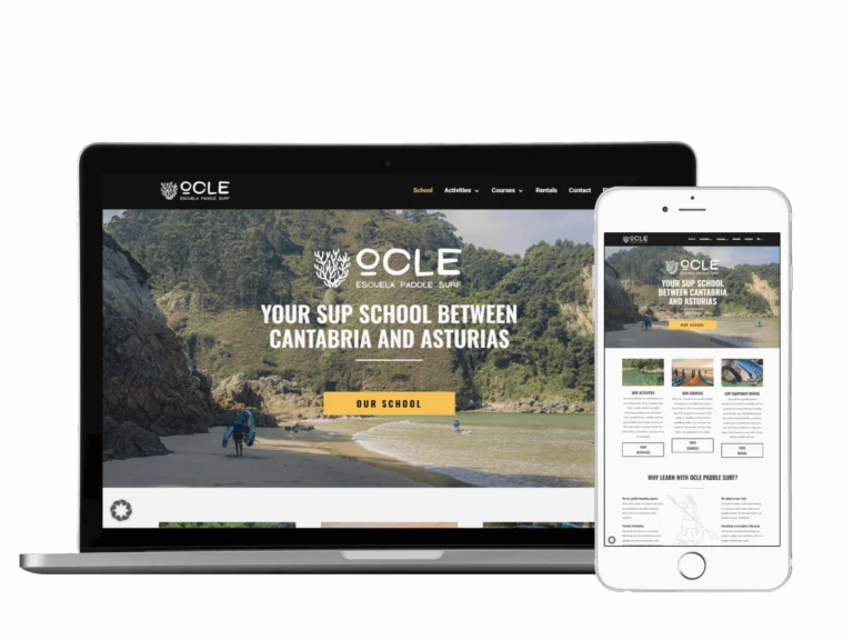 A laptop and a smartphone display the OCLE Escuela Paddle Surf website, featuring a beach scene with cliffs, people paddleboarding, and the text "Your SUP school between Cantabria and Asturias.
