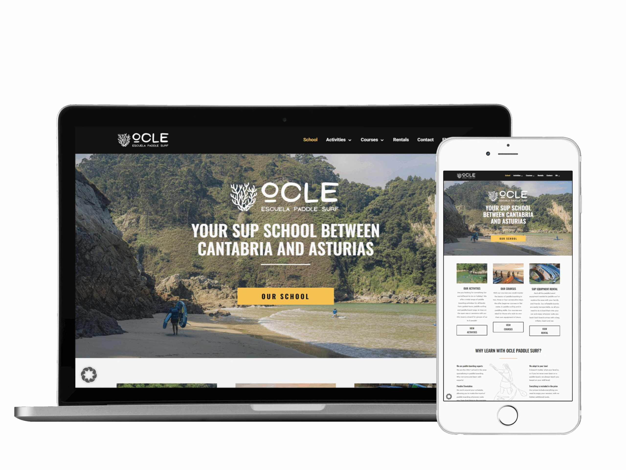 A laptop and a smartphone display the OCLE Escuela Paddle Surf website, featuring a beach scene with cliffs, people paddleboarding, and the text "Your SUP school between Cantabria and Asturias.
