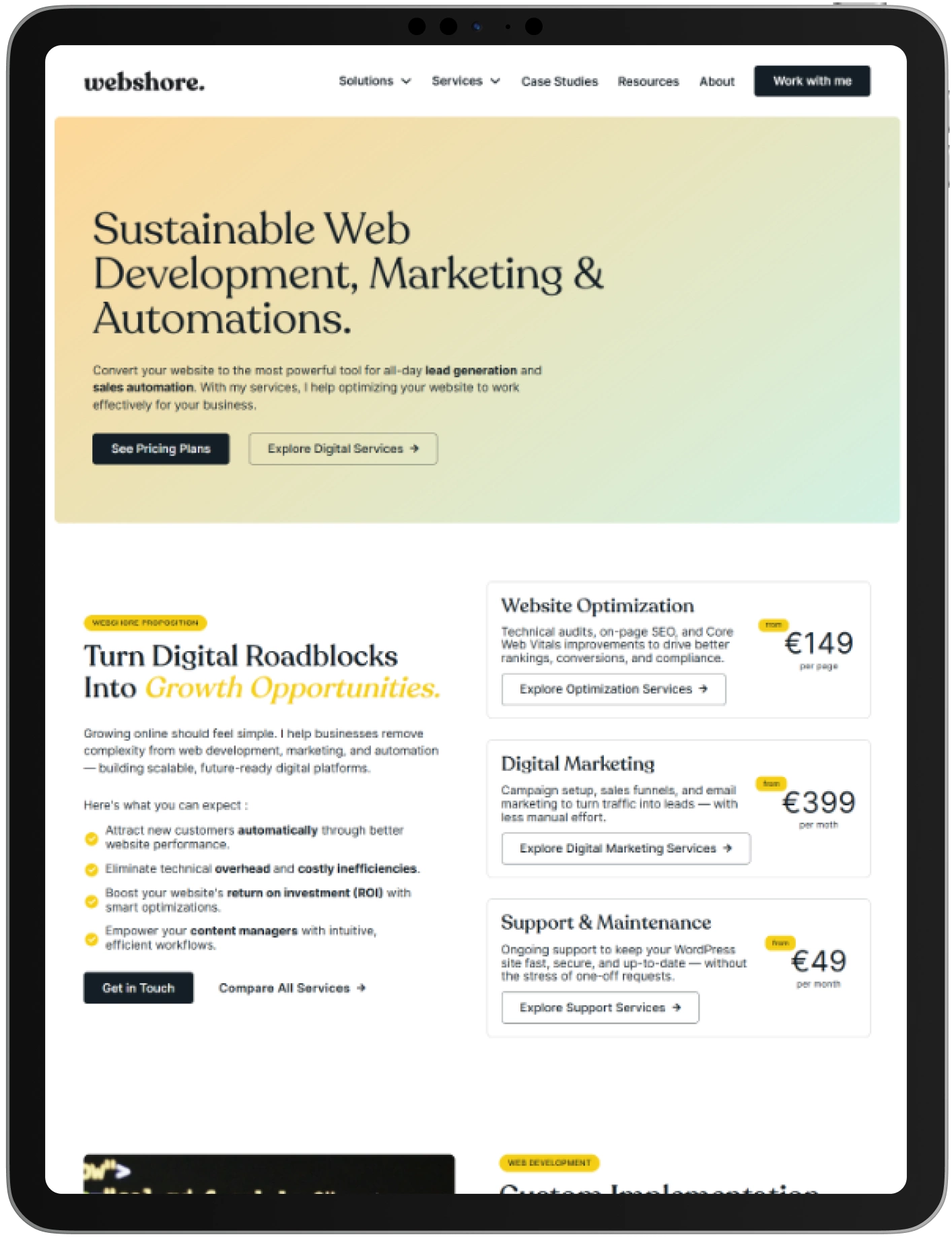 A tablet displays Webshore’s homepage, featuring web development and marketing services. The layout includes sections for pricing, services like website optimization and digital marketing, with buttons for more details.