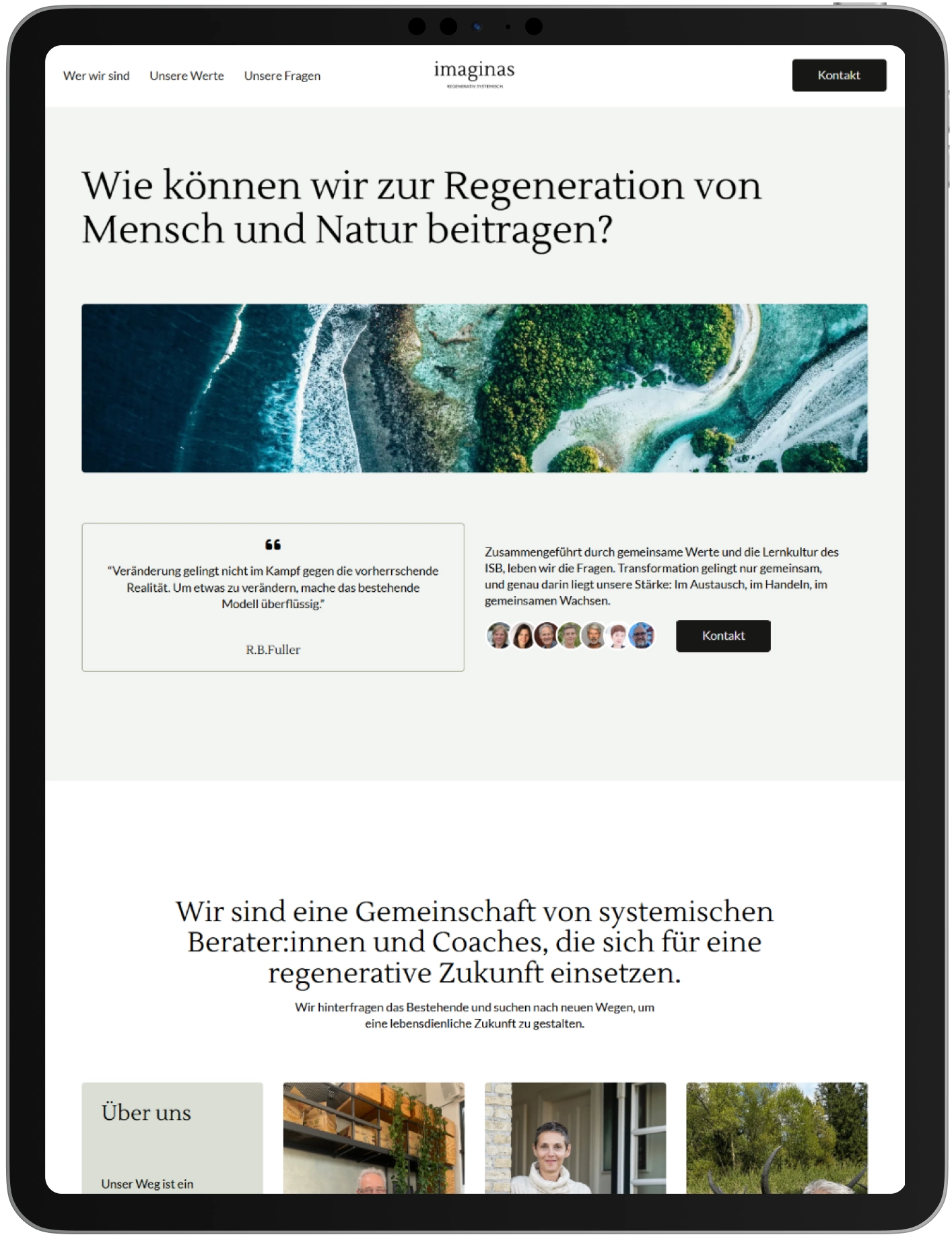 A tablet displays a website with aerial nature photos, a headline about regenerating people and nature, a quote, and a section introducing a community of consultants and coaches for a regenerative future.