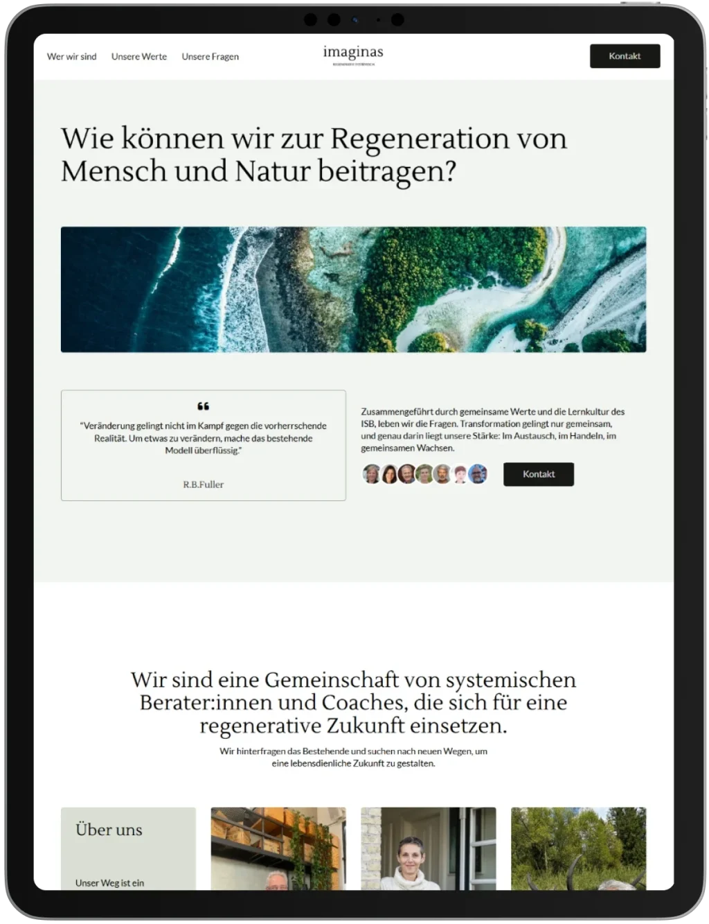 Aerial view of a forest meeting the ocean with waves crashing onto a sandy beach. The website text discusses contributing to the regeneration of people and nature, featuring quotes and a contact button.