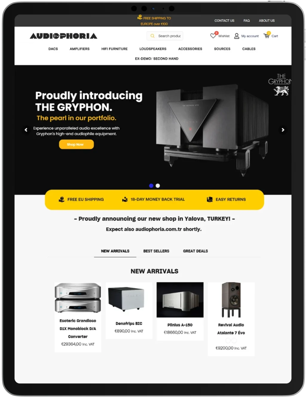 Screenshot of an audio equipment e-commerce homepage featuring new arrivals, categories like speakers and amplifiers, featured products, company information, newsletter signup, and contact details on a clean white and yellow layout.