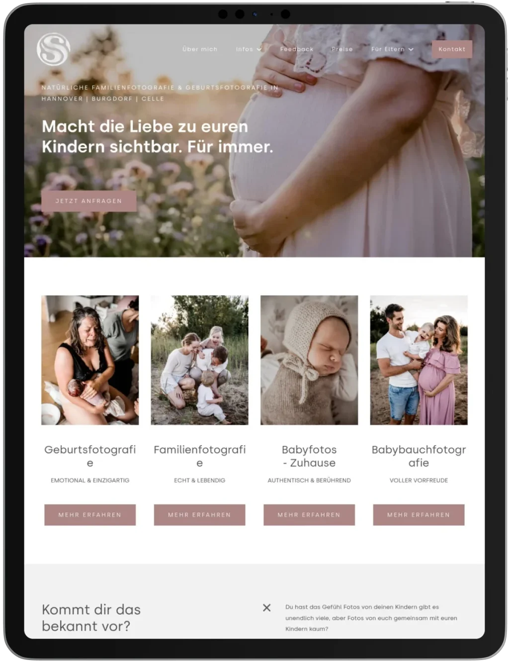 A photographer’s website homepage featuring portraits, client testimonials, pricing details, FAQs, service packages, and a photo gallery. Soft, neutral colors and elegant fonts create a welcoming and professional look.