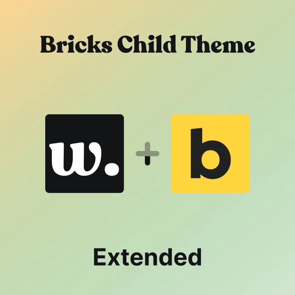 Bricks Child Theme. Black square with white 'w.' plus yellow square with black 'b.' Text below reads 'Extended' on a gradient background.