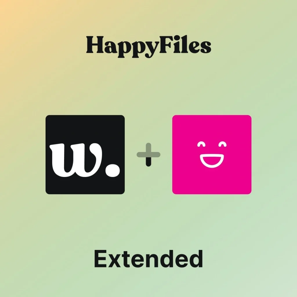 HappyFiles Extended: Black square with white 'w.' next to a pink square with a smiling face, separated by a plus sign, on a gradient background.