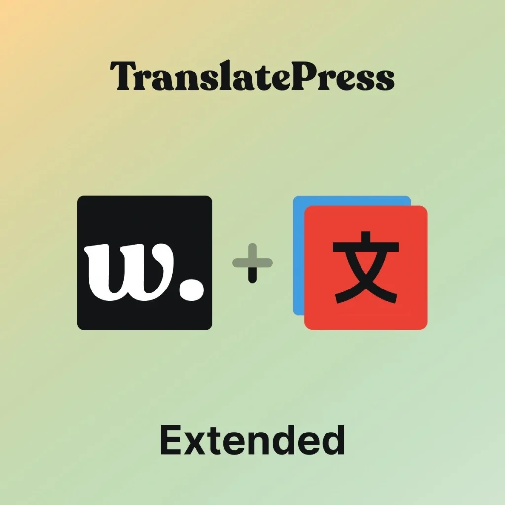 TranslatePress logo with a black 'w.' icon next to a red translation icon, separated by a plus sign, on a light gradient background. The word 'Extended' appears at the bottom.