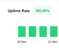 Un panel de control muestra una tasa de tiempo de actividad del 100,00%, con cuatro barras verdes que representan el tiempo de actividad continuo desde el 20 hasta el 23 de noviembre.